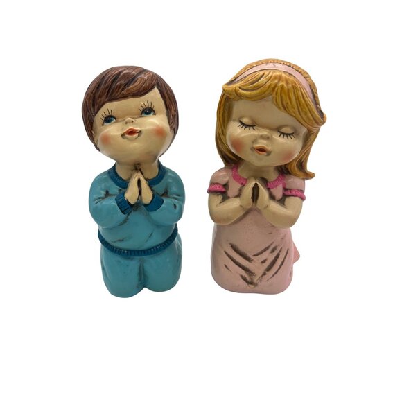 Vintage Star Japan Praying Kids Figurine Pair 7.5” Paper Mache Set - Picture 1 of 6